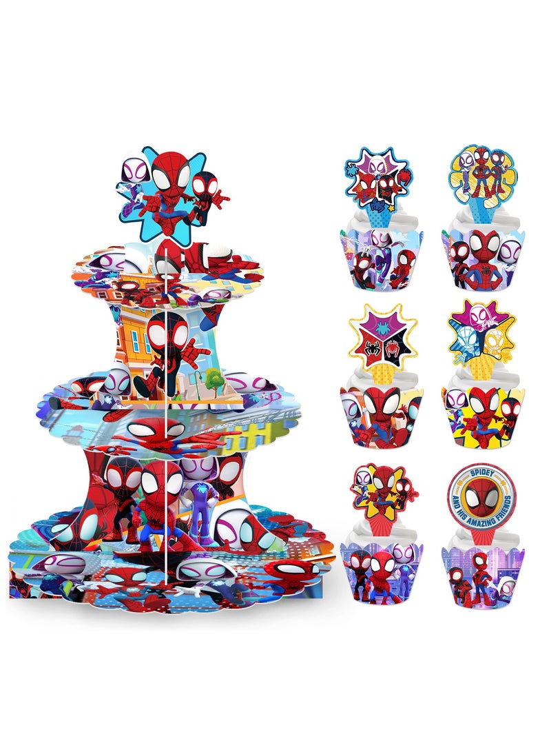 ILovhaprty 25pcs Spider-Man Cake Decoration Set – 3-Tier Spider-Man Cake Stand with Cupcake Wrappers and Cake Toppers, Spider-Man Birthday Party Supplies for Superhero Theme Dessert Table Decorations - Image 1